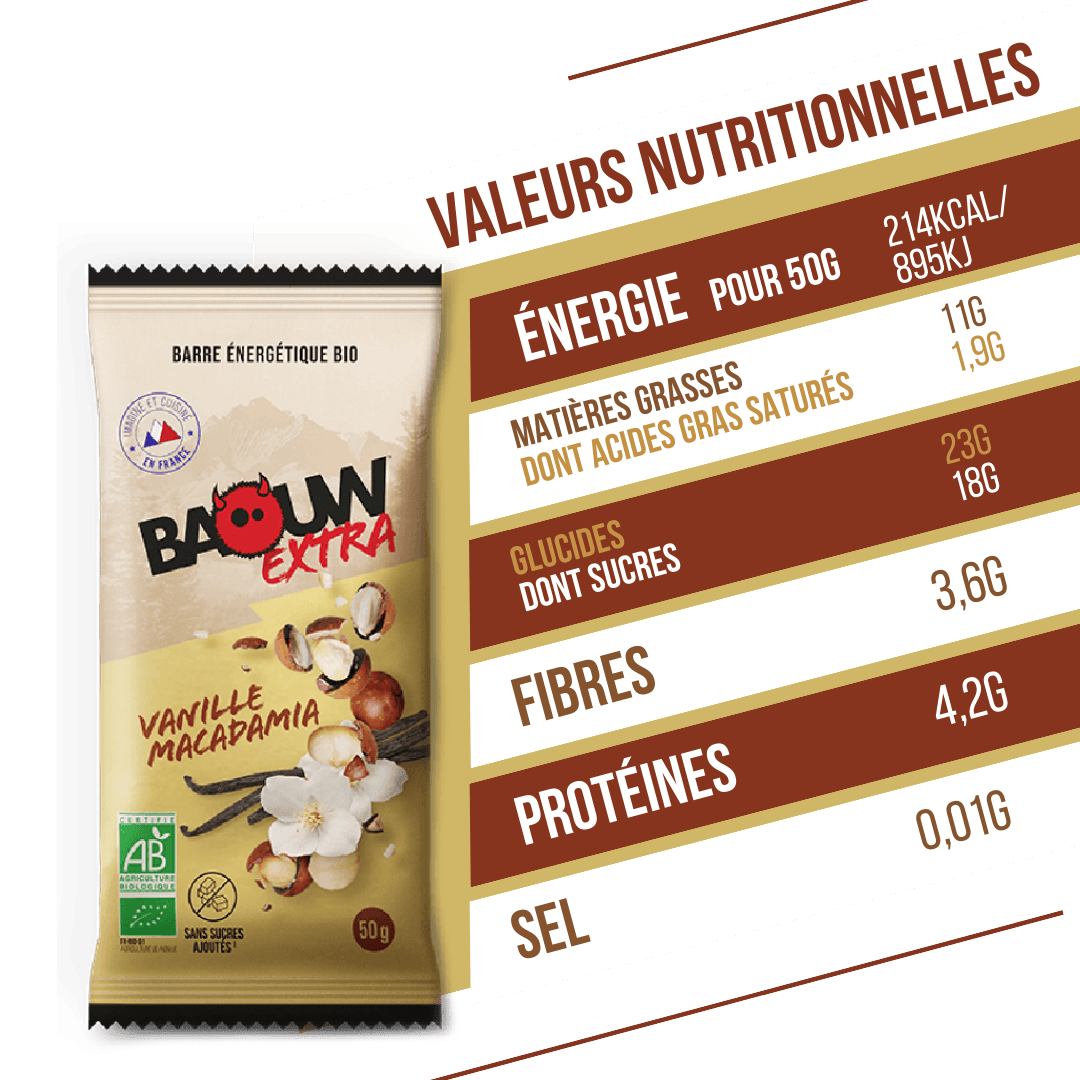 Barre Énergétique BAOUW BIO EXTRA Vanille-Macadamia (50g)
