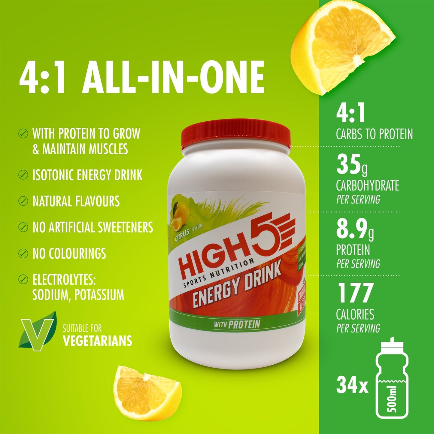 Boisson Énergétique HIGH5 ENERGY DRINK PROTEIN (1.6kg) Citron