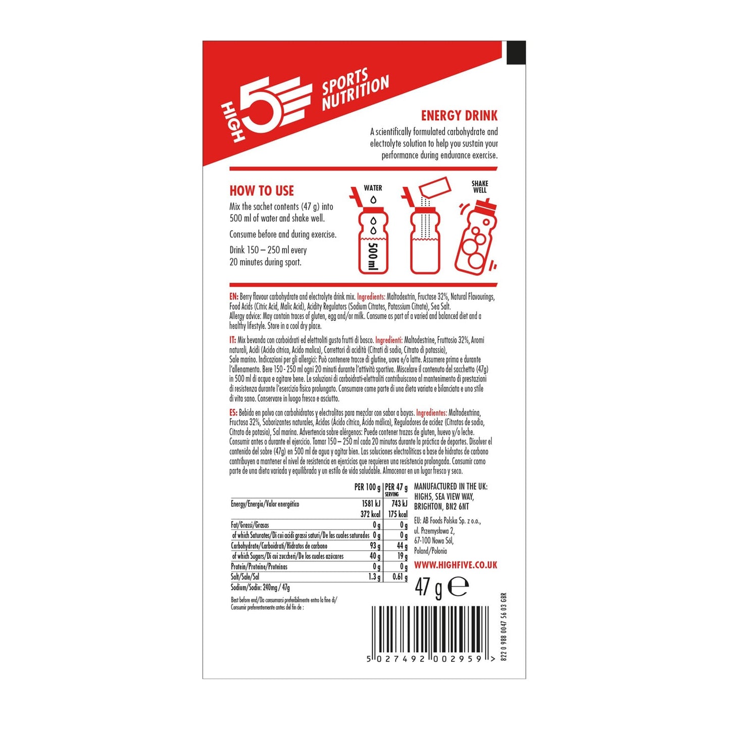 Boisson Énergétique HIGH5 ENERGY DRINK (47g) Fruits Rouge
