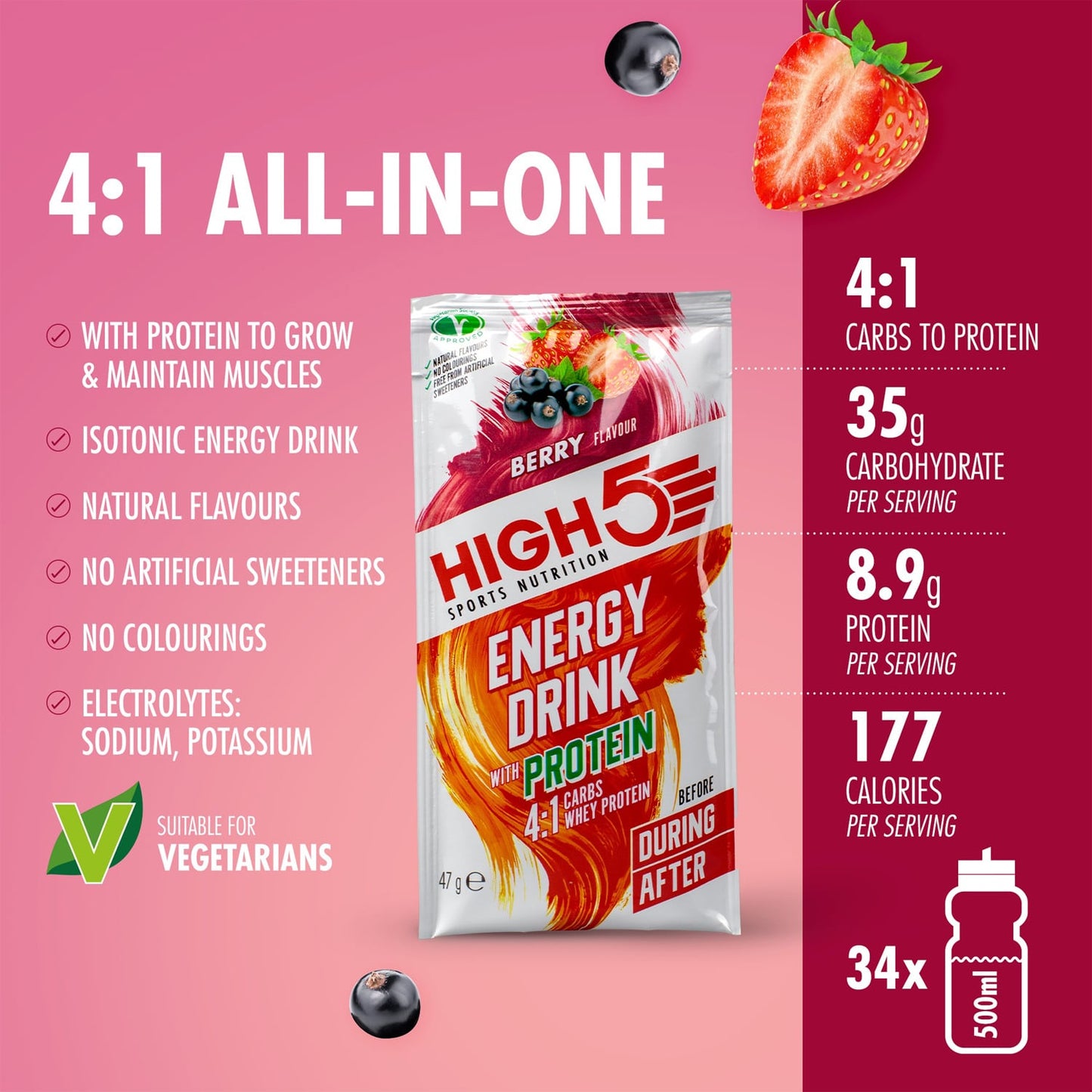 Boisson Énergétique HIGH5 ENERGY DRINK PROTEIN (47g) Fruits Rouge