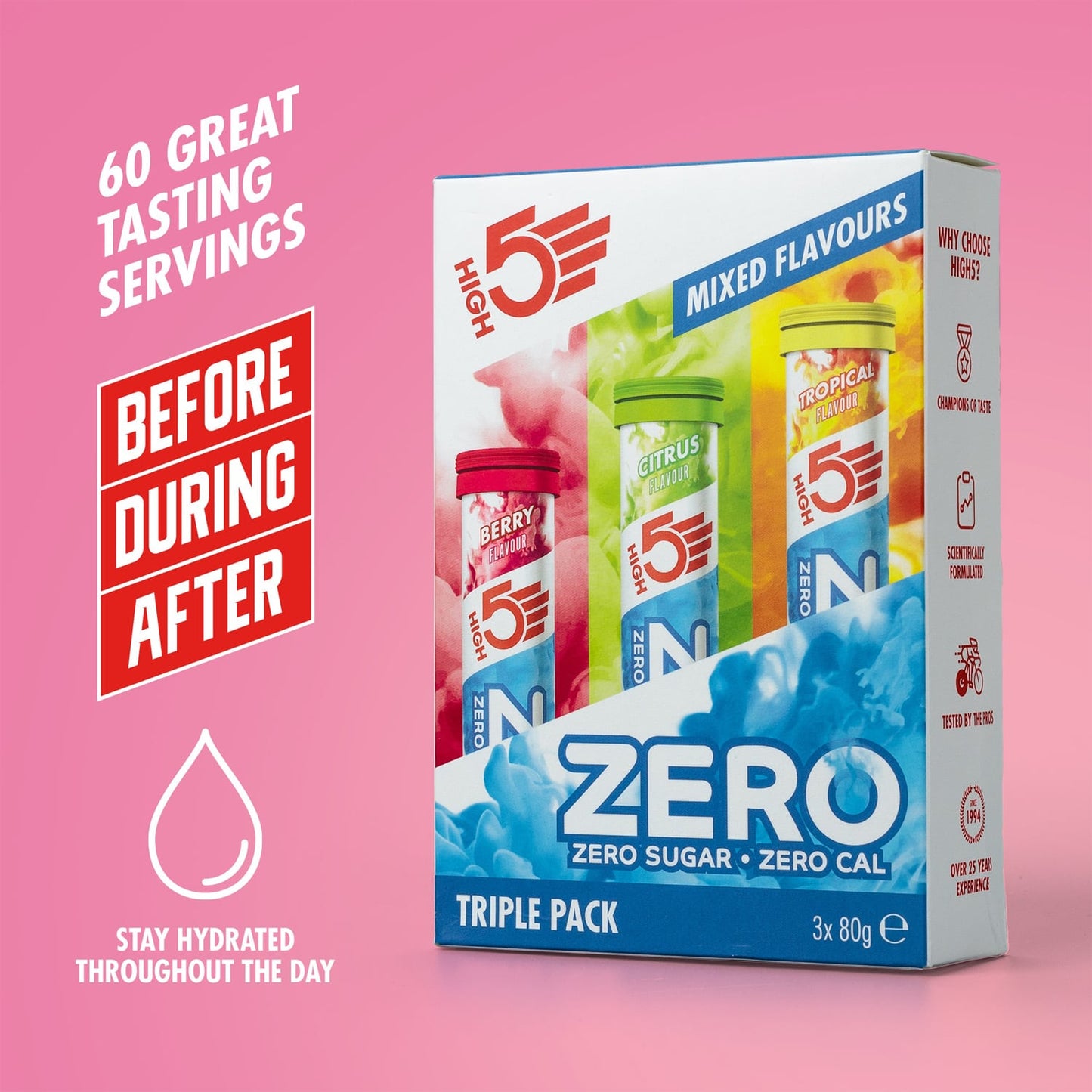 Pack 3x20 Pastilles HIGH5 ZERO Hydratation Electrolyte Fruits Rouge/Citron/Tropical
