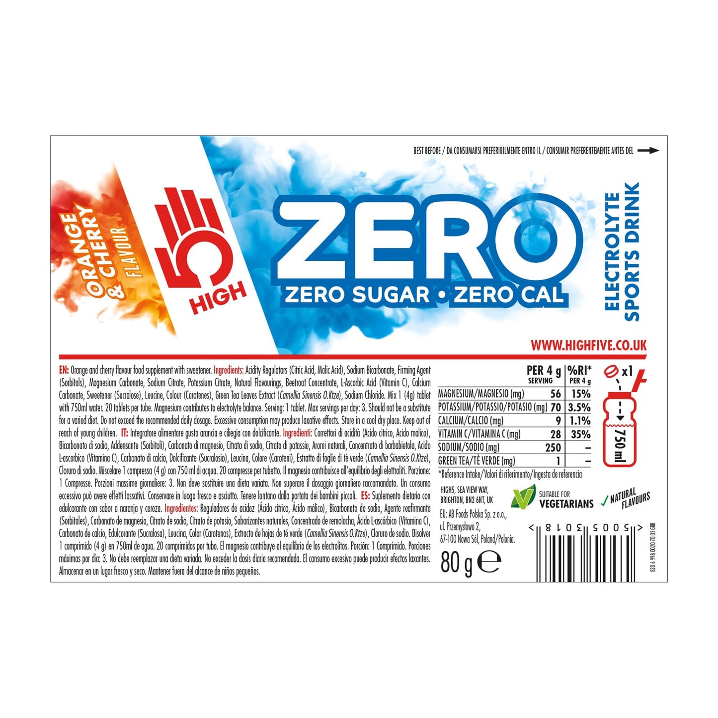Boisson Anticrampe HIGH5 ZERO Tube de 20 Pastilles Orange et Cerise