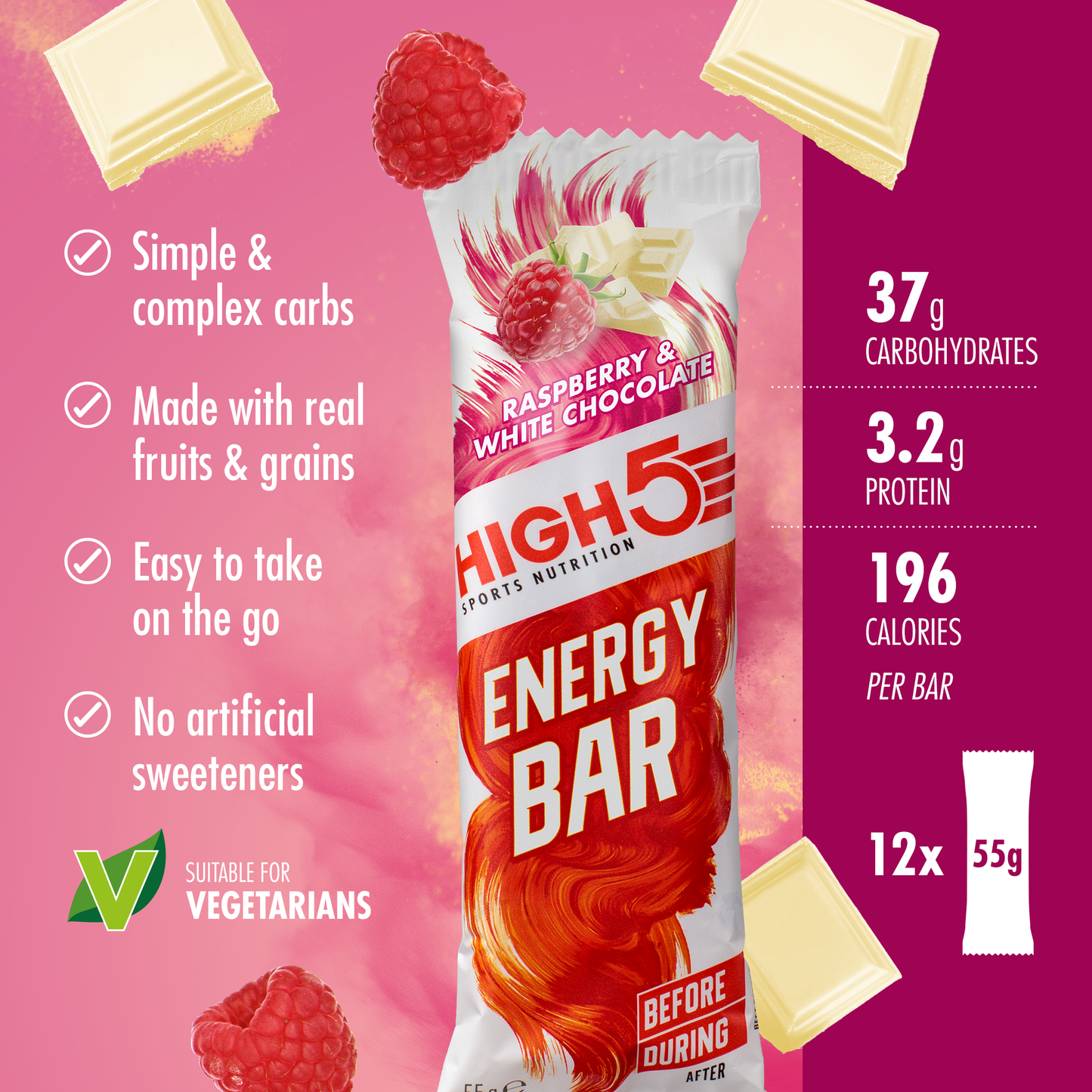 Barre Énergétique HIGH5 ENERGY BAR (55g) Framboise Chocolat Blanc