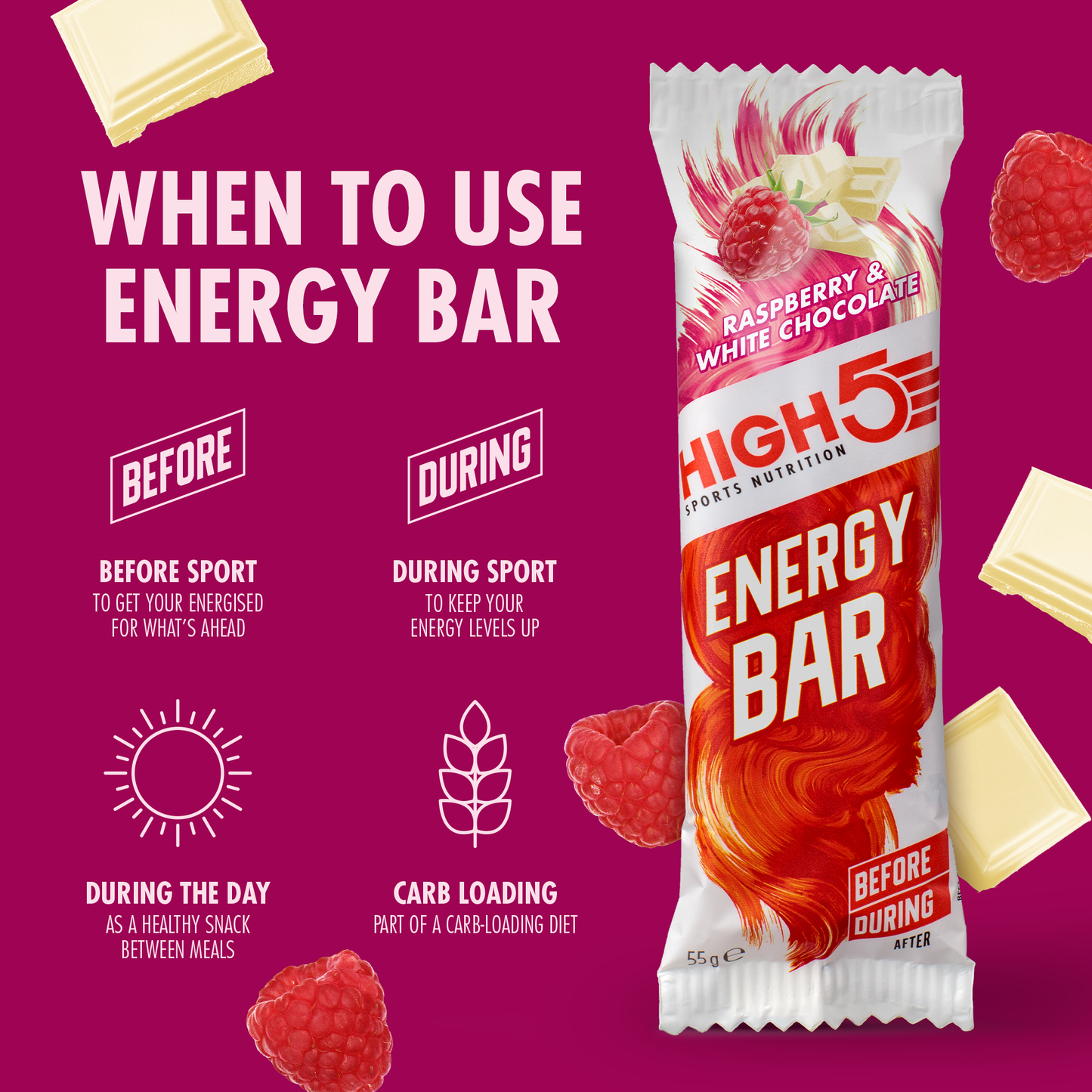 Barre Énergétique HIGH5 ENERGY BAR (55g) Framboise Chocolat Blanc