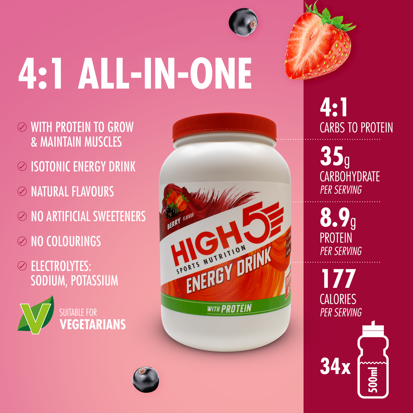Boisson Énergétique HIGH5 ENERGY DRINK PROTEIN (1.6kg) Fruits Rouge