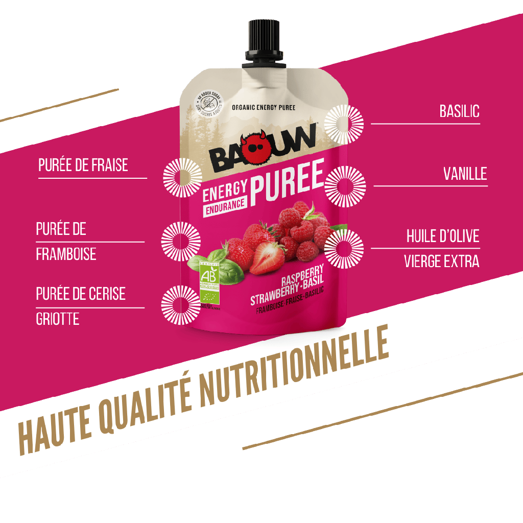 Purée Energétique BAOUW Bio Recette aux Fruits Framboise/Fraise/Basilic (90g)