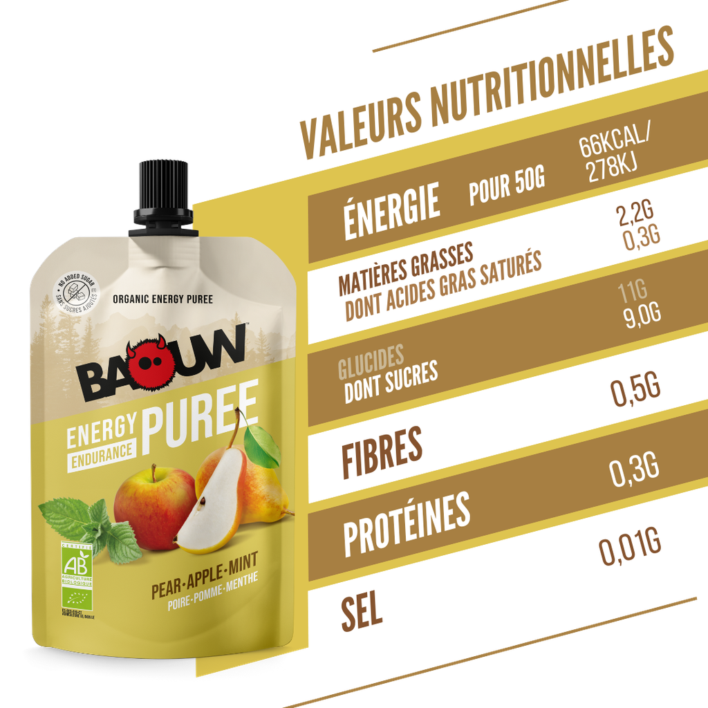 Purée Energétique BAOUW Bio Recette aux Fruits Poire/Pomme/Menthe (90g)