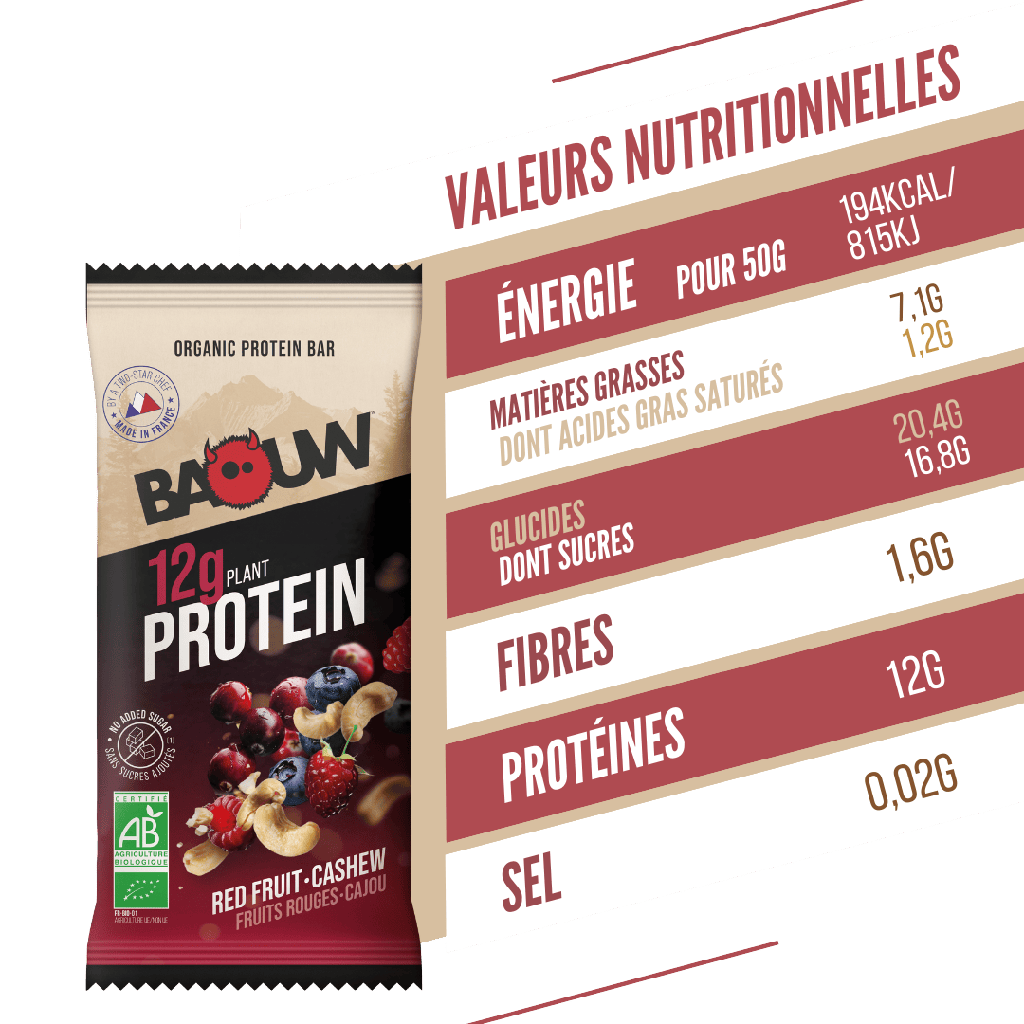 Barre Protéinée BAOUW BIO EXTRA Fruits Rouges/Cajou (50g)