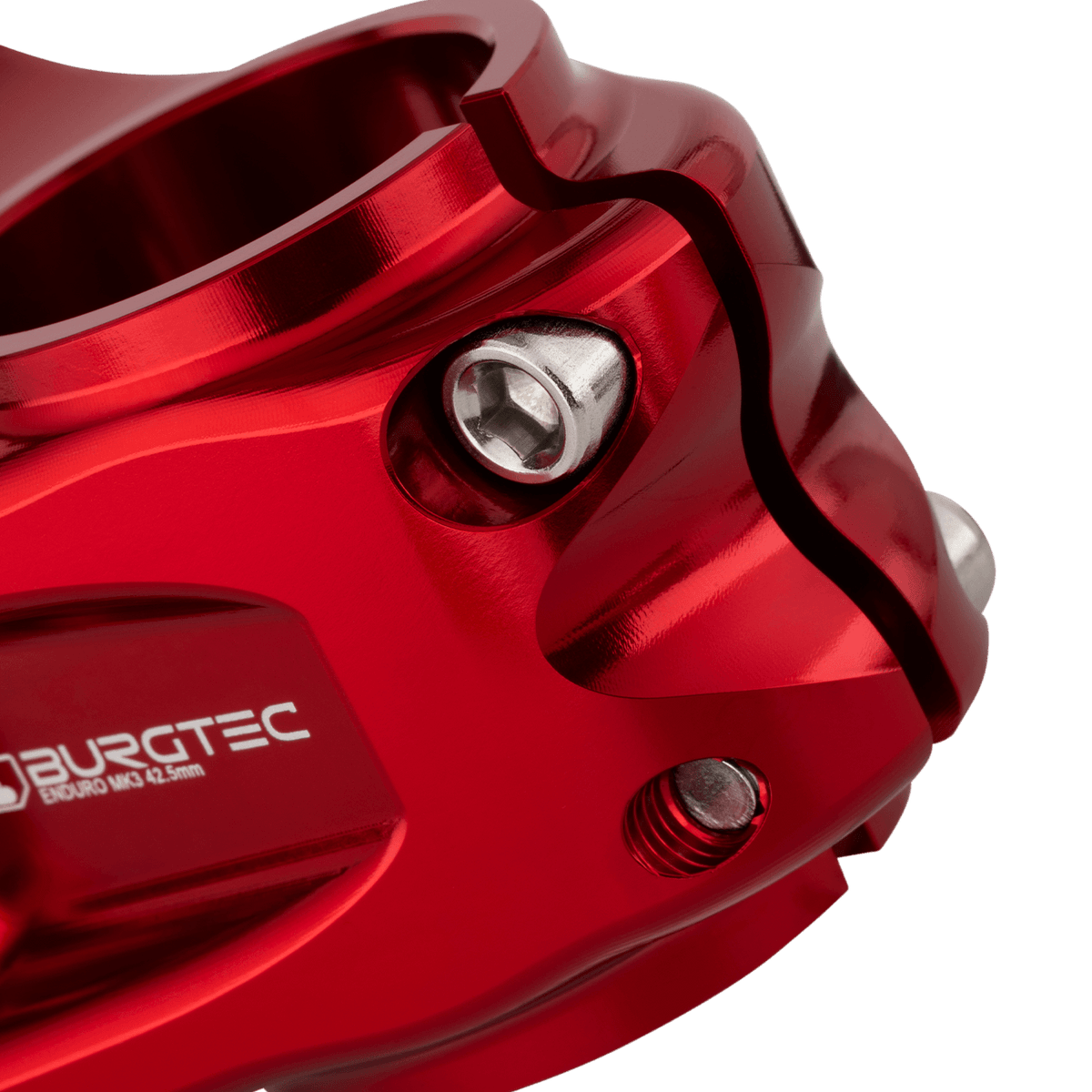 Potence BURGTEC ENDURO MK3 Rouge — détail du serrage du pivot