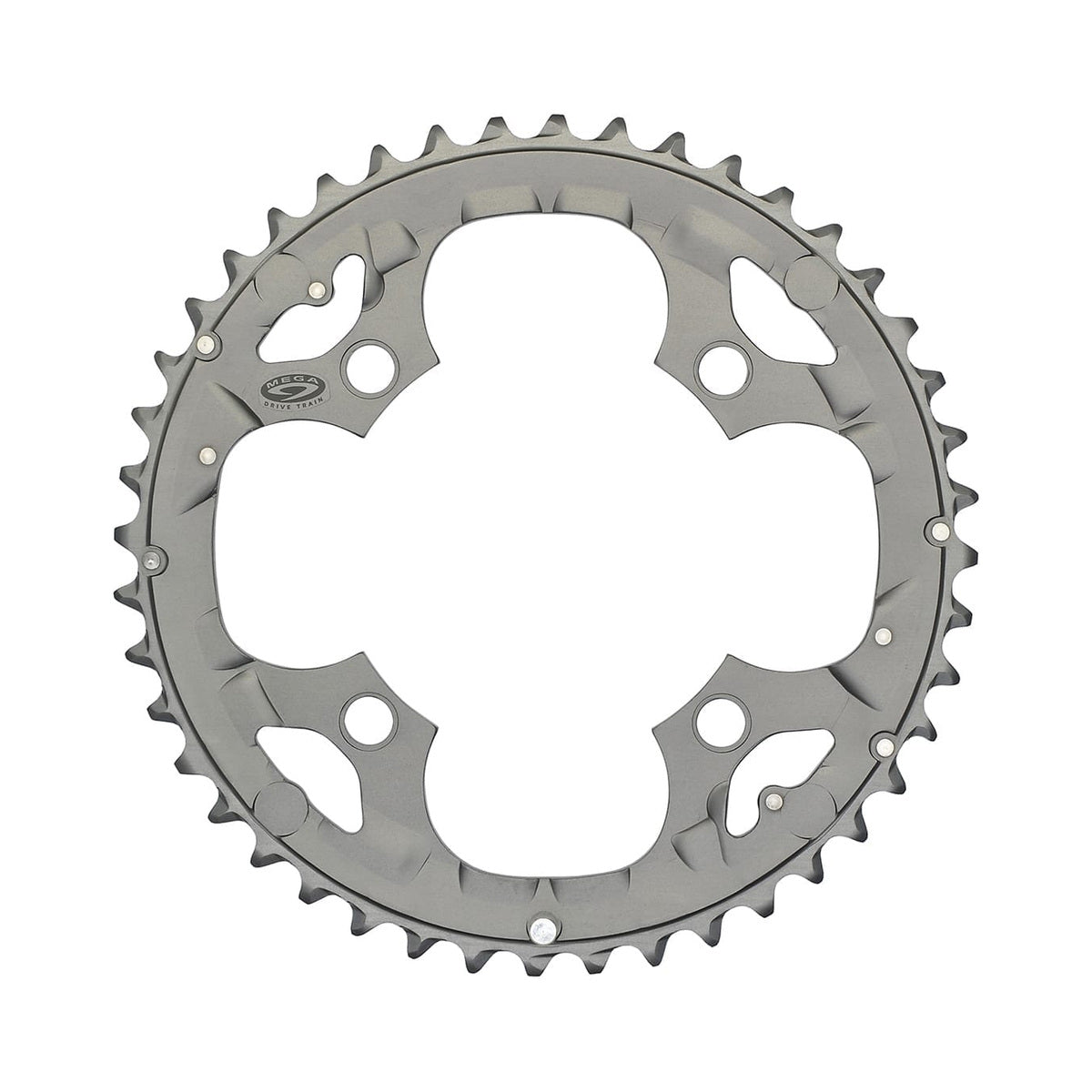 Plateau Extérieur SHIMANO DEORE M590 9V 4 Trous 104mm Argent — vue du plateau sur fond blanc