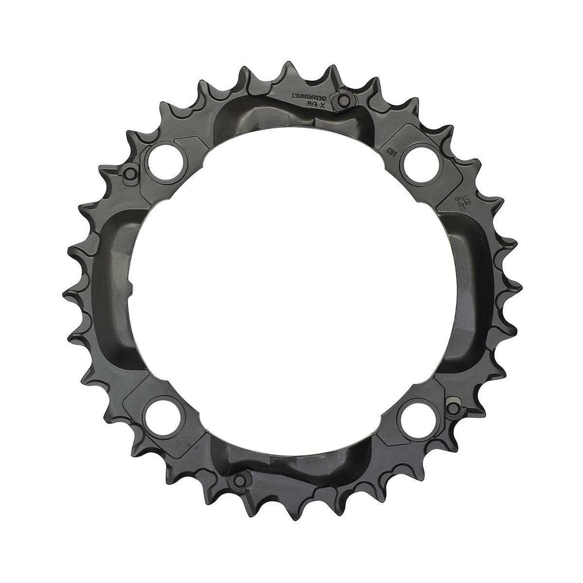 Plateau Intermédiaire SHIMANO DEORE M590 9V 4 Trous 104mm Noir — vue du plateau sur fond blanc