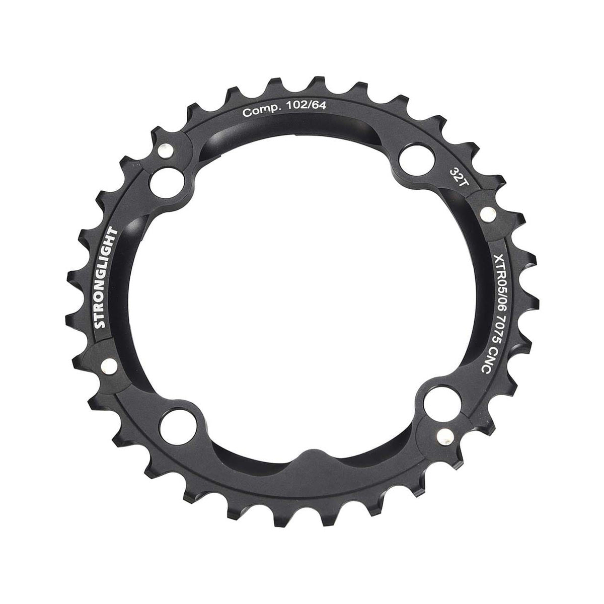 Plateau Intermédiaire STRONGLIGHT ALU 7075 SHIMANO XTR M960 9V 4 Trous 102mm — vue du plateau sur fond blanc