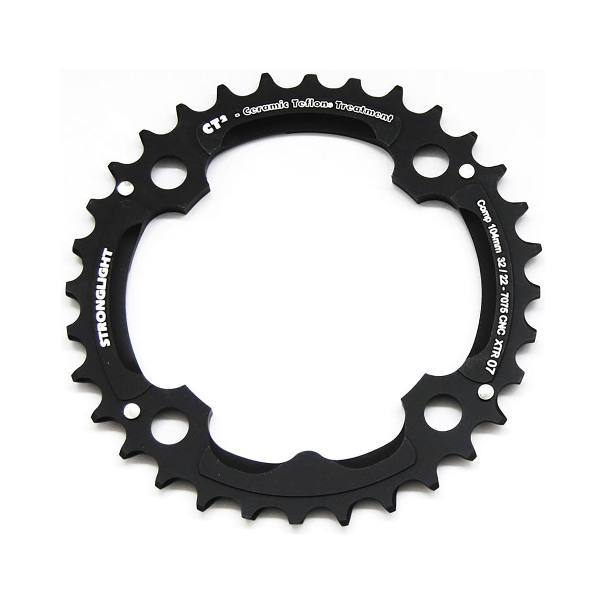 Plateau Intermédiaire STRONGLIGHT CT² SHIMANO XTR M970 9V 4 Trous 104mm — vue du plateau sur fond blanc