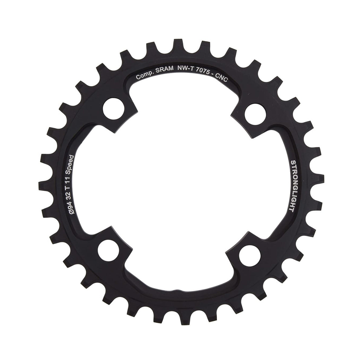 Plateau Mono STRONGLIGHT ALU 7075 NARROW WIDE Sram X01 11V 4 Trous 94mm — vue du plateau sur fond blanc