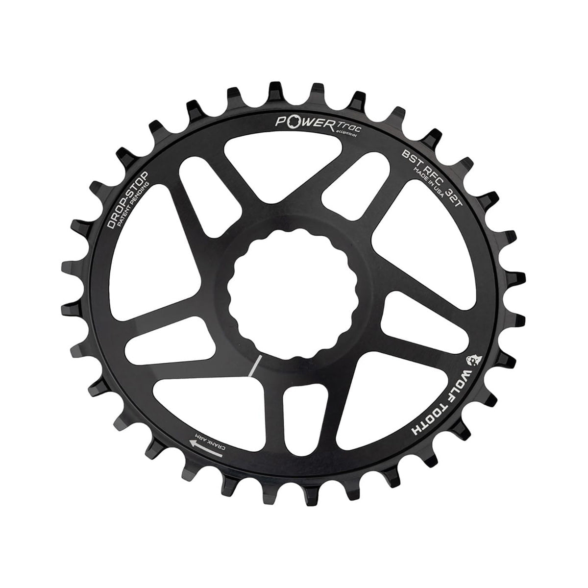 Plateau Mono Oval WOLF TOOTH BOOST ELLIPTICAL 9/10/11/12V Raceface CINCH Direct Mount Offset 3mm Noir — vue du plateau sur fond blanc