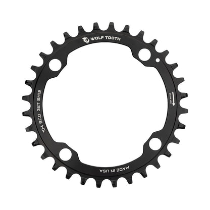 Plateau Mono WOLF TOOTH 104 BCD 12V Shimano 4 Trous 104mm Noir — vue du plateau sur fond blanc