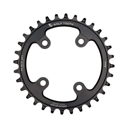 Plateau Mono WOLF TOOTH 76 BCD 10/11/12V Sram XX1/Specialized STOUT 4 Trous 76mm Noir — vue du plateau sur fond blanc