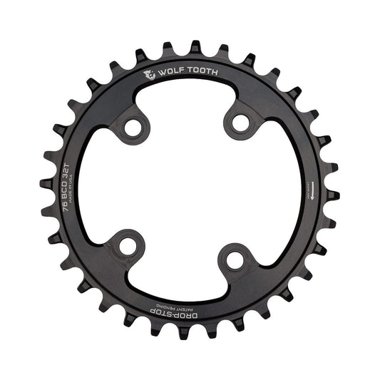 Plateau Mono WOLF TOOTH 76 BCD 10/11/12V Sram XX1/Specialized STOUT 4 Trous 76mm Noir — vue du plateau sur fond blanc