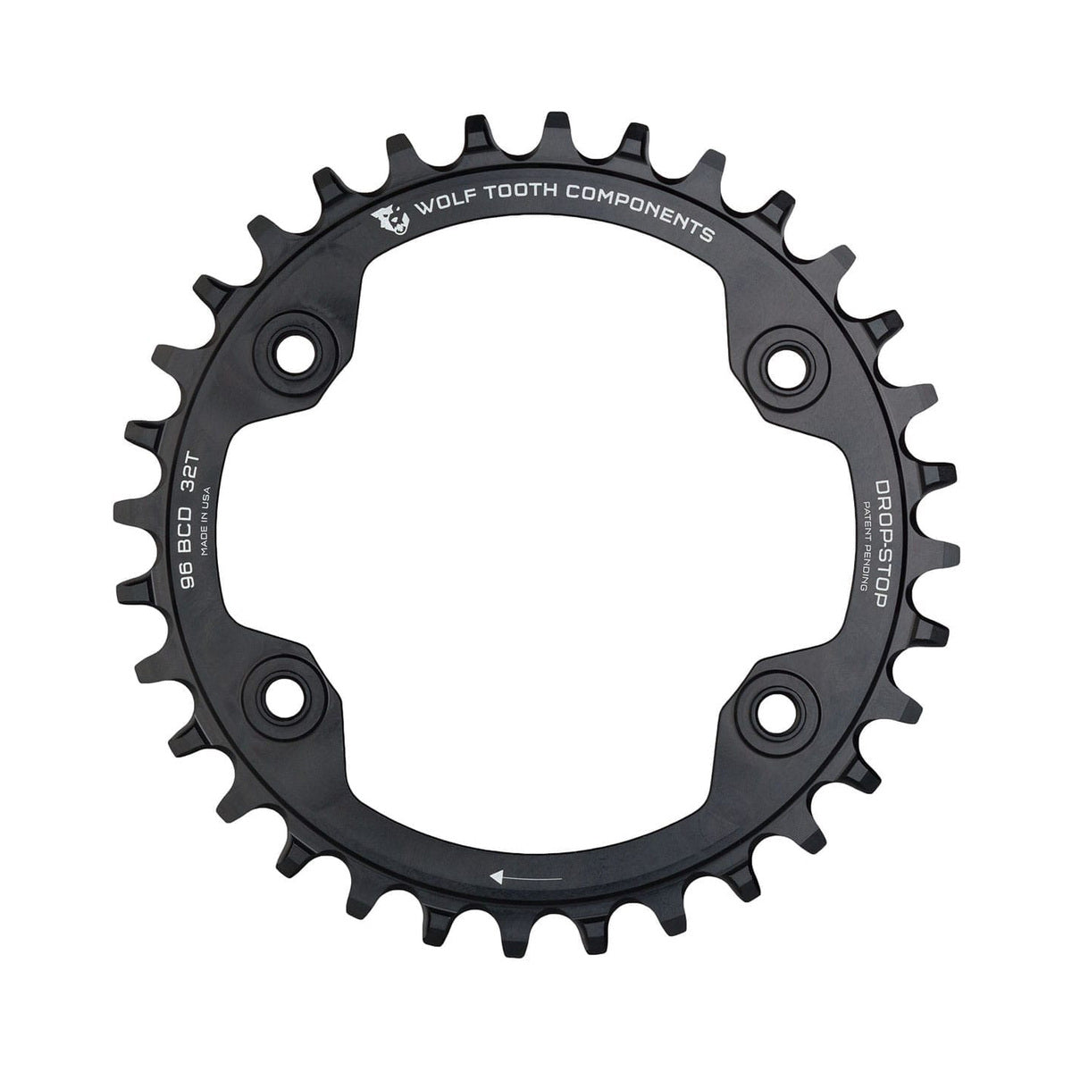 Plateau Mono WOLF TOOTH 96 BCD 11V Shimano XTR M9000/M9020 4 Trous 96mm Noir — vue du plateau sur fond blanc