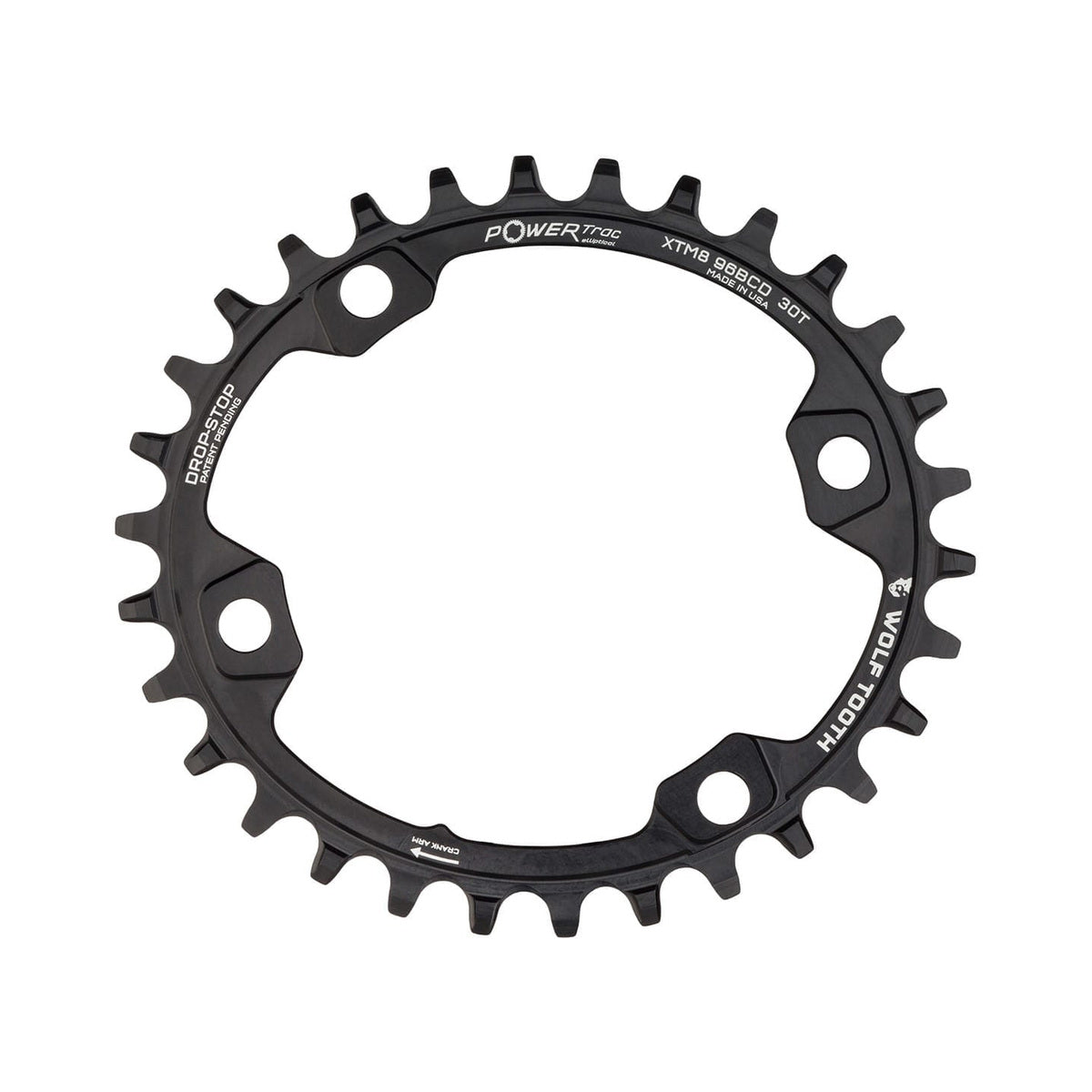 Plateau Mono Oval WOLF TOOTH ELLIPTICAL 96 BCD 11V Shimano XT M8000/SLX M7000 4 Trous 96mm Noir — vue du plateau sur fond blanc