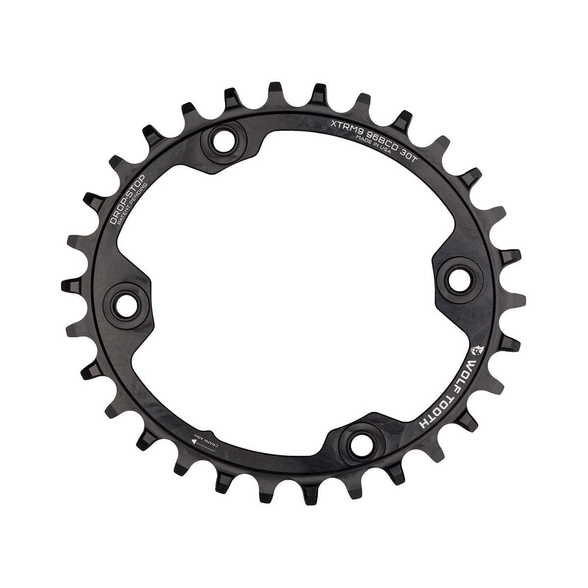 Plateau Mono Oval WOLF TOOTH ELLIPTICAL 96 BCD 11V Shimano XTR M9000/9020 4 Trous 96mm Noir — vue du plateau sur fond blanc