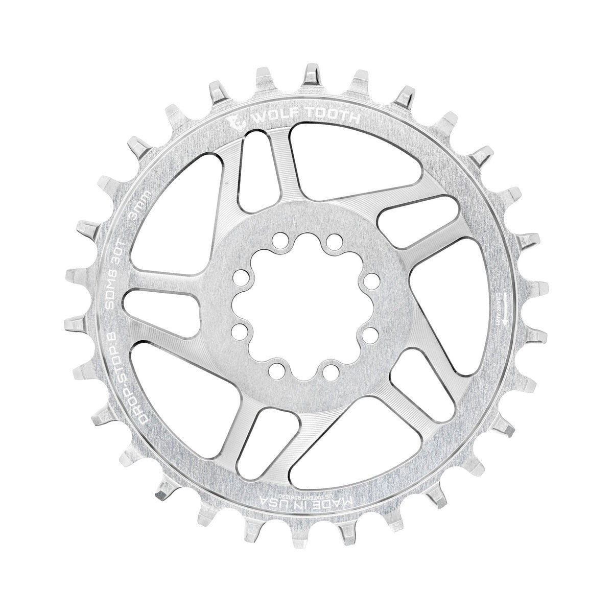 Plateau Mono WOLF TOOTH DROP-STOP B DM 8 Vis Sram Eagle Boost Offset 3mm Raw Silver — vue du plateau sur fond blanc