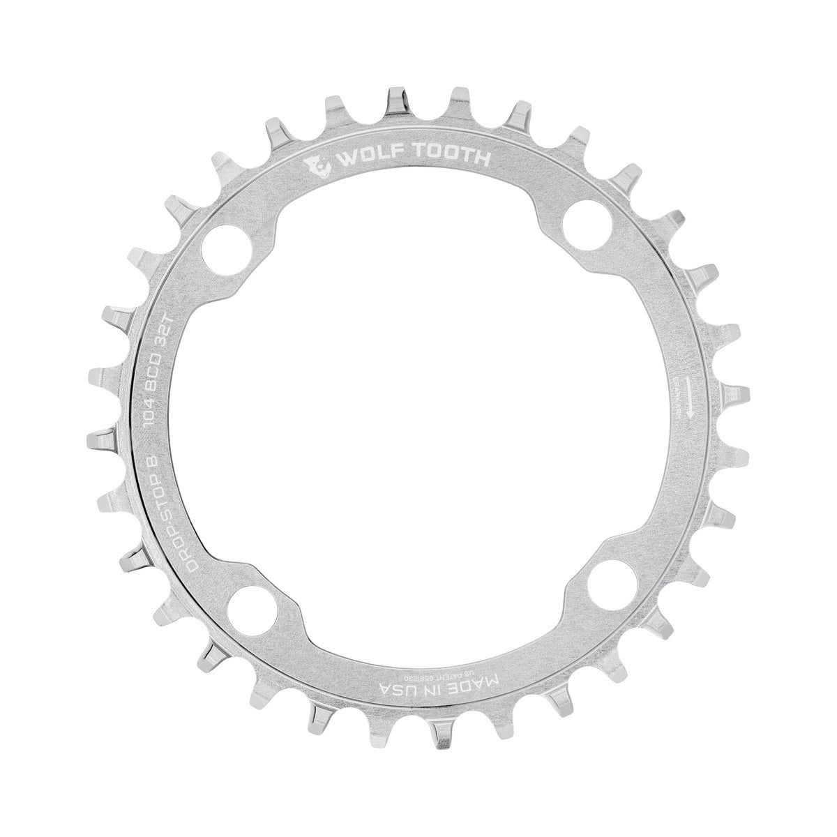 Plateau Mono WOLF TOOTH DROP-STOP B 104mm Raw Silver — vue du plateau sur fond blanc
