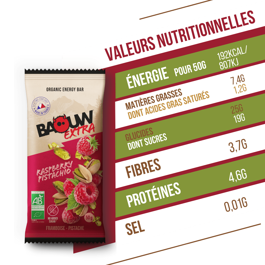Barre Énergétique BAOUW BIO EXTRA Framboise-Pistache (50g)