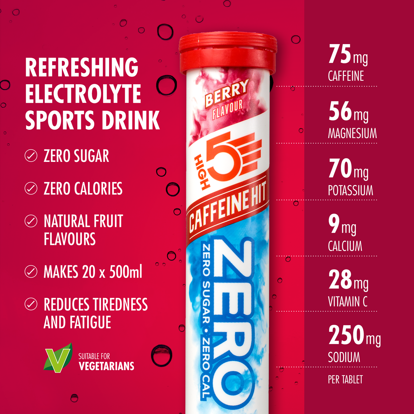 Pastilles d'Hydratation Electrolytes HIGH5 ZERO Caffeine (x20) Fruits Rouge