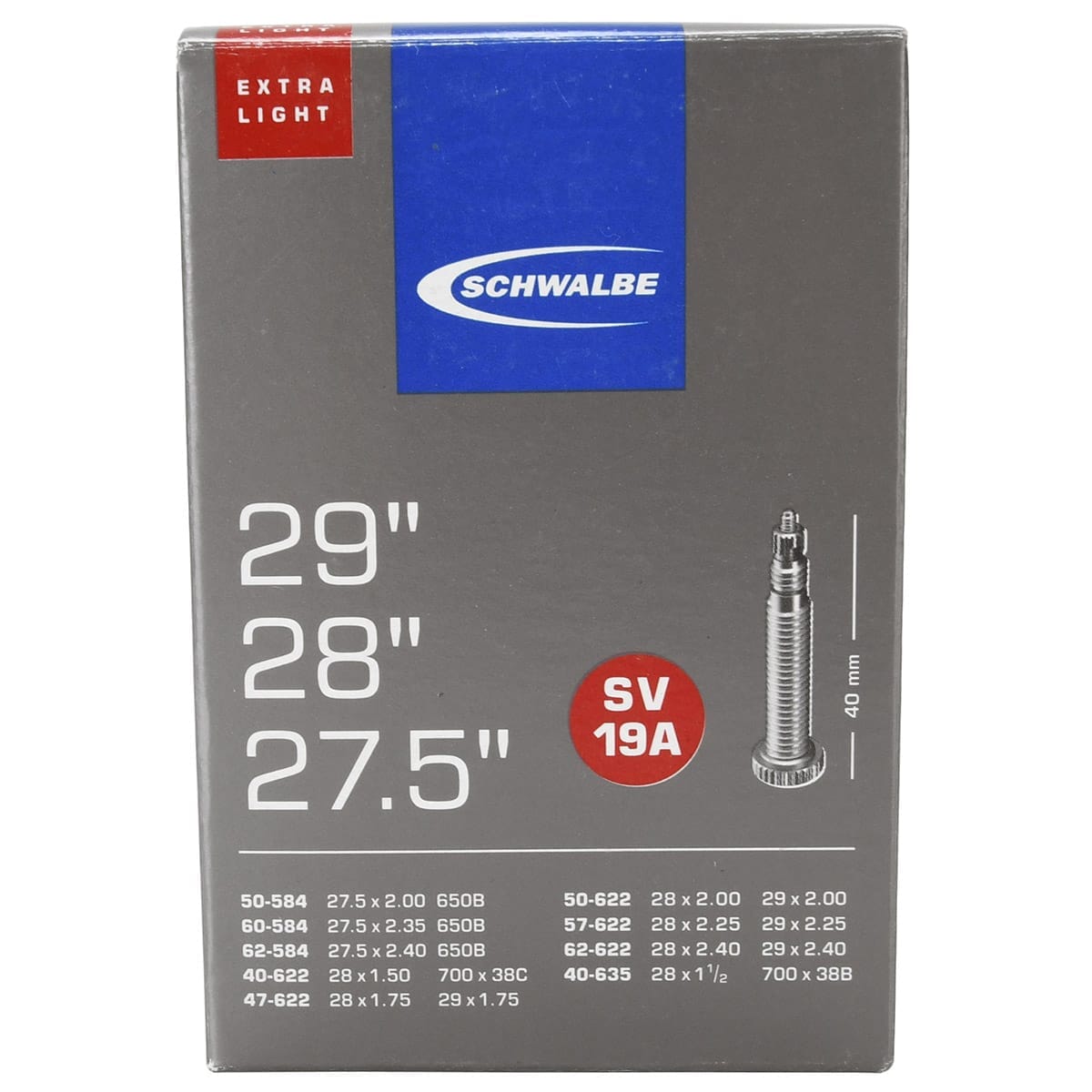 Chambre à Air SCHWALBE EXTRA LIGHT SV 19A 27,5/29x1,50/2,35 Butyl Presta 40 mm 10430943