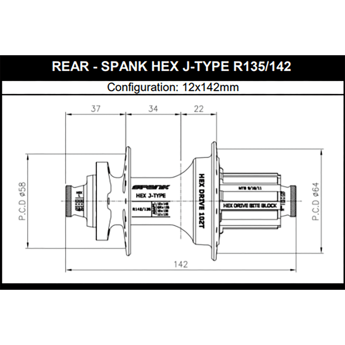 Moyeu Arrière SPANK HEX DRIVE 102T 12x135/142 mm