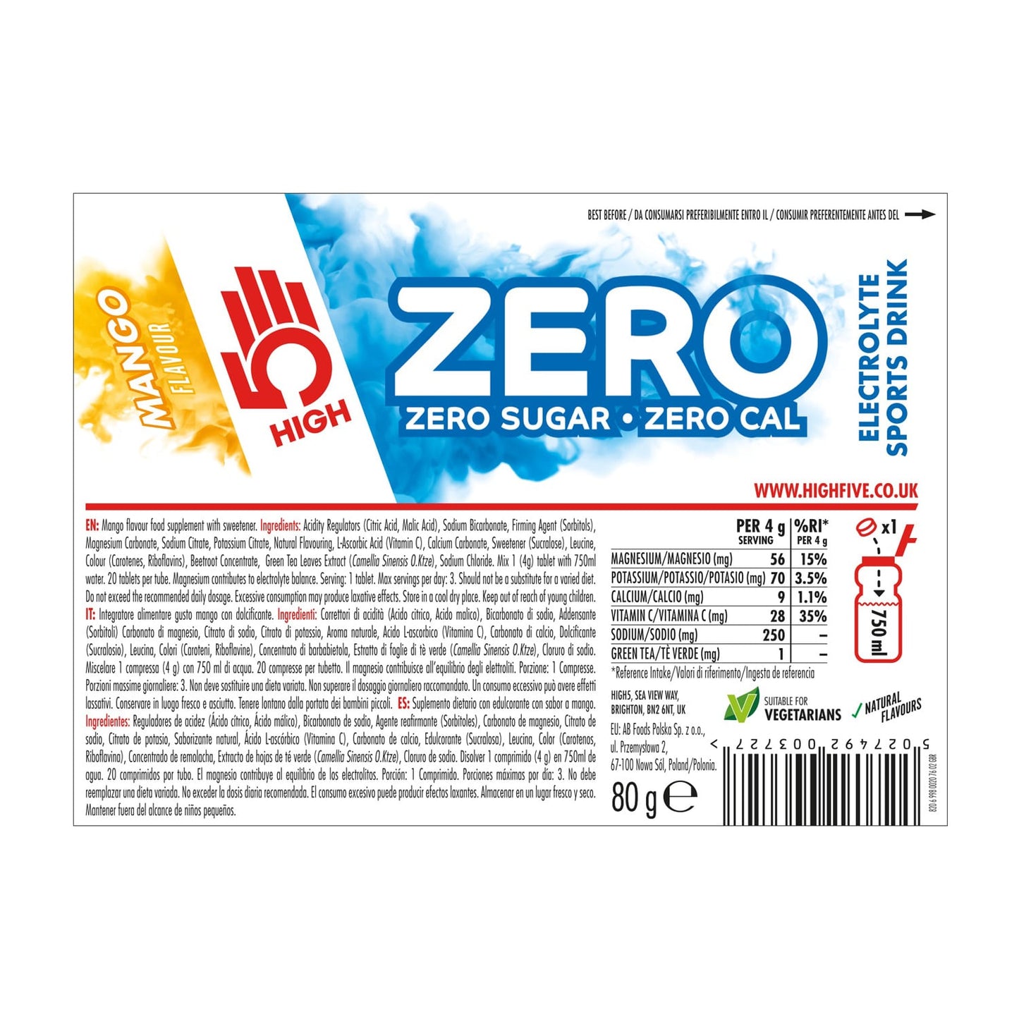 Boisson Anticrampe HIGH5 ZERO Tube de 20 Pastilles Mangue