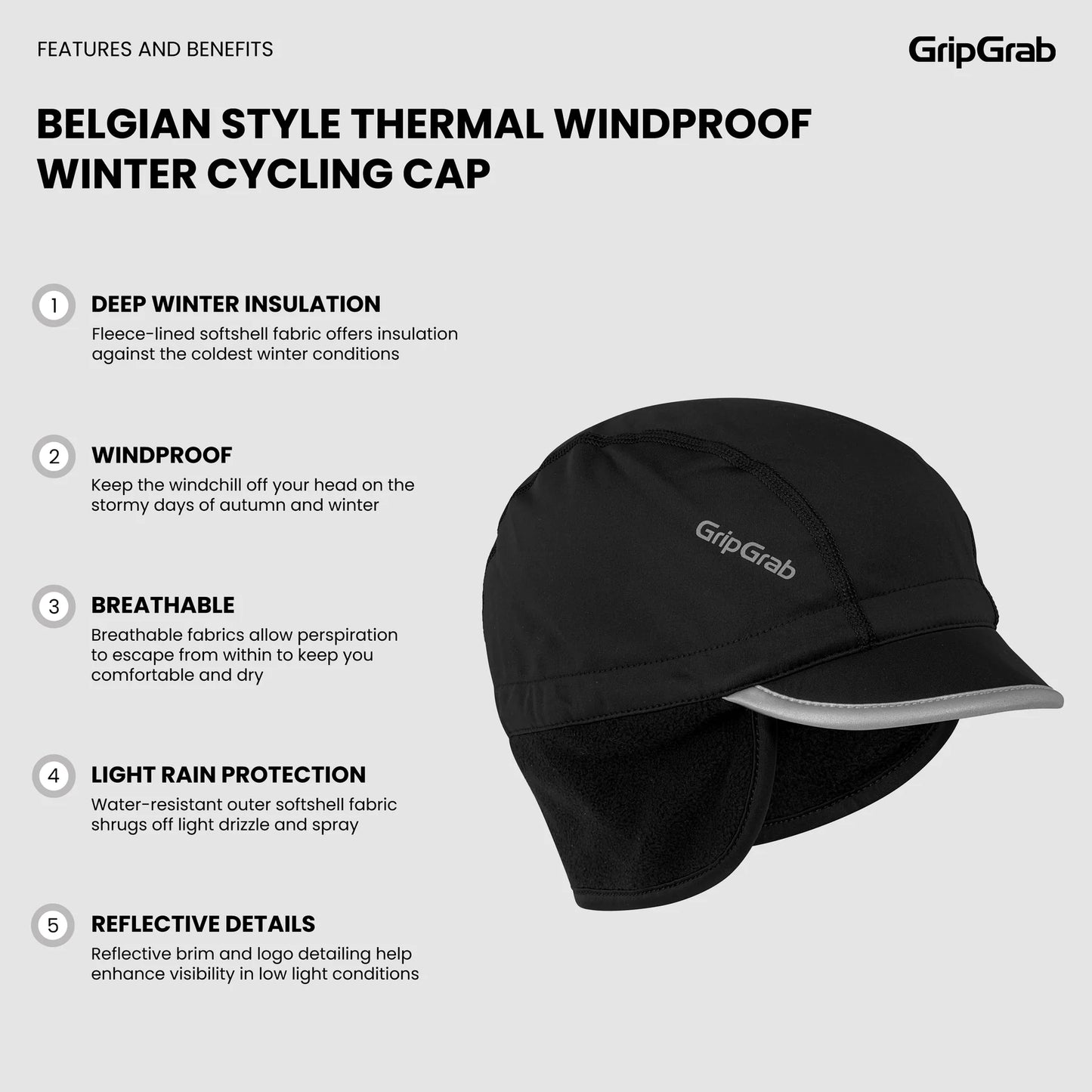 Bonnet GRIPGRAB BELGIAN STYLE THERMAL WINDPROOF WINTER Noir
