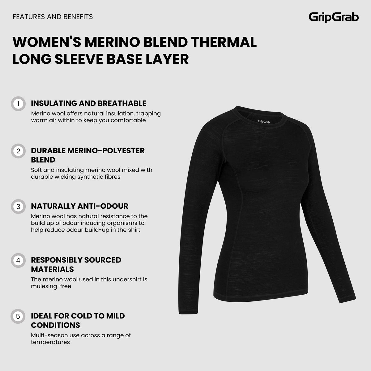 Sous-Vêtement Manches Longues Femme GRIPGRAB MERINO BLEND THERMAL Noir