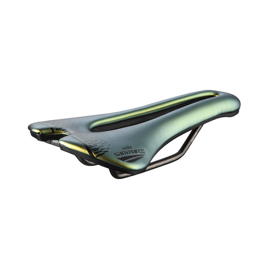 Selle SAN MARCO ASPIDE SHORT OPEN-FIT RACING L3 Largeur 155mm Rails Acier Xsilite Or