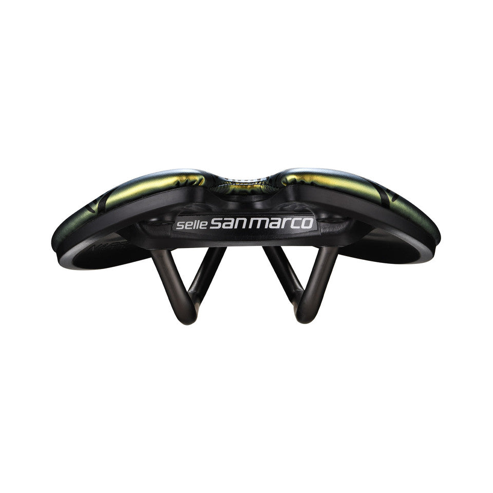 Selle SAN MARCO ASPIDE SHORT OPEN-FIT RACING L3 Largeur 155mm Rails Acier Xsilite Or