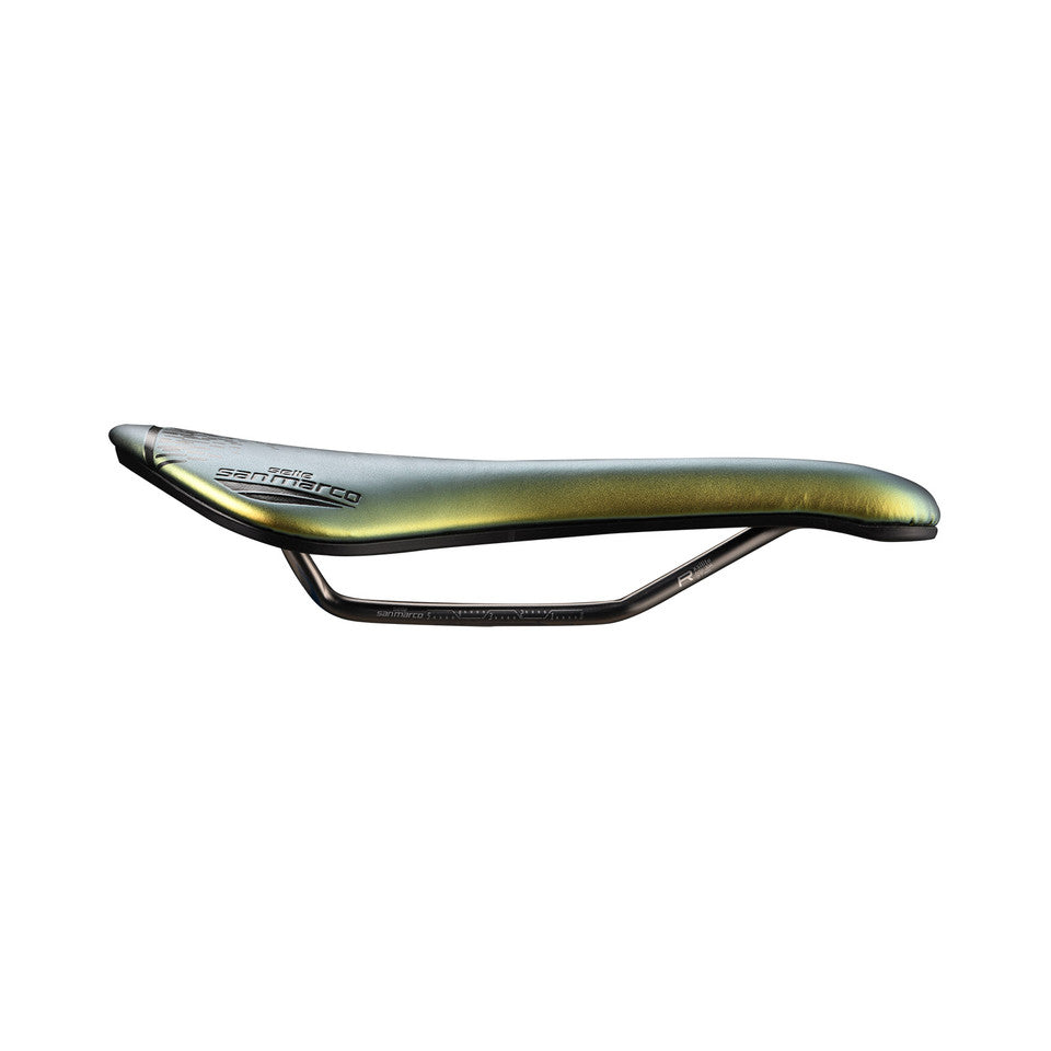 Selle SAN MARCO ASPIDE SHORT OPEN-FIT RACING L3 Largeur 155mm Rails Acier Xsilite Or