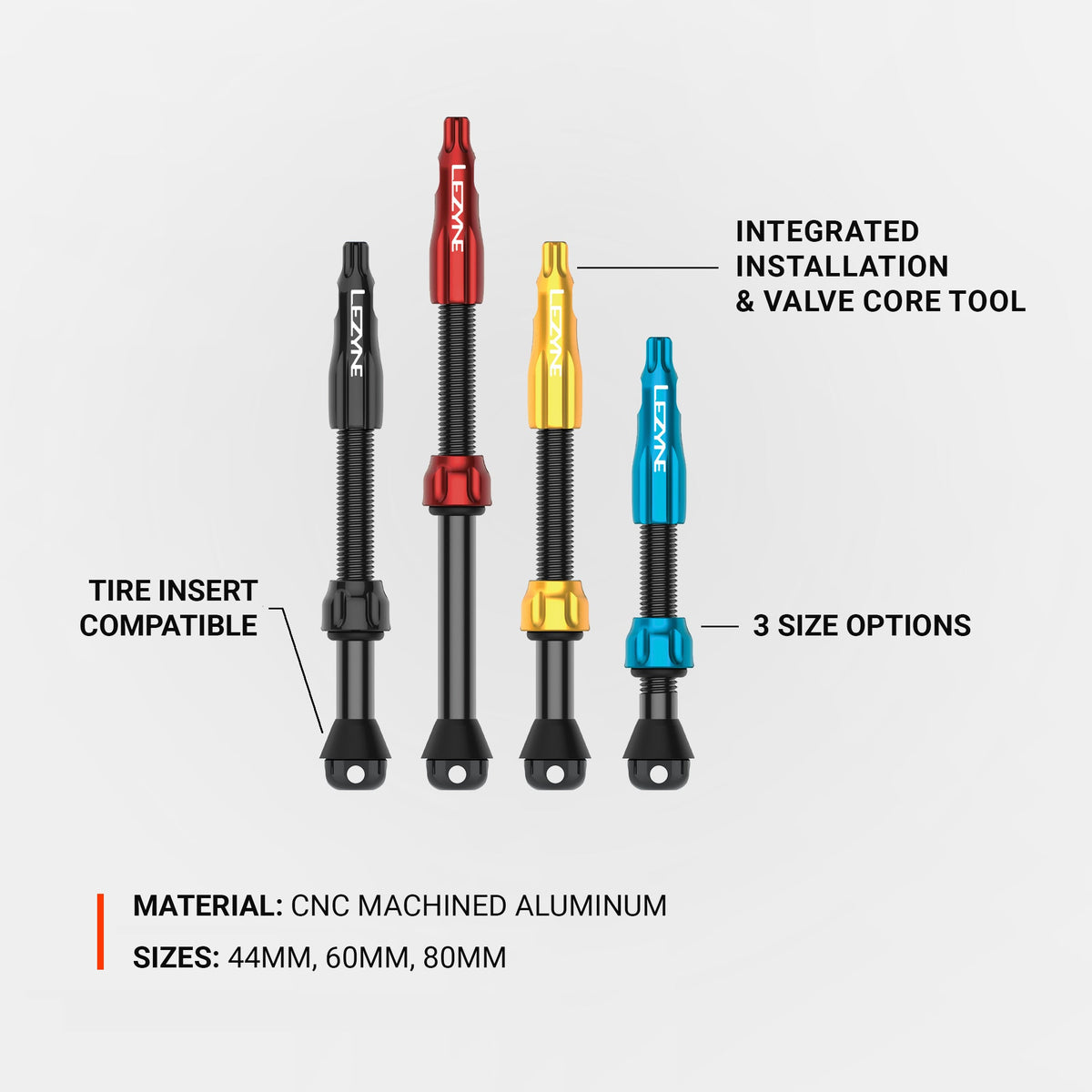 Lot de 2 Valves Tubeless LEZYNE CNC PRO 80mm Rouge