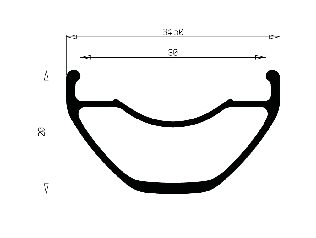 Profil de la jante HOPE FORTUS 30 W SC : largeur externe 34,5 mm, largeur interne 30 mm, hauteur 20 mm