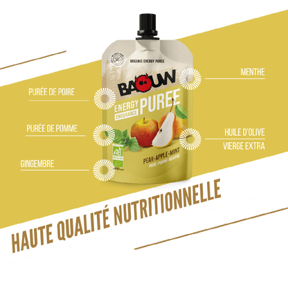 Purée Energétique BAOUW Bio Recette aux Fruits Poire/Pomme/Menthe (90g)