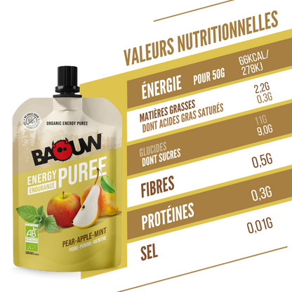 Purée Energétique BAOUW Bio Recette aux Fruits Poire/Pomme/Menthe (90g)
