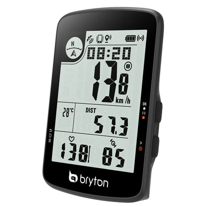 Compteur GPS BRYTON RIDER 17E — vue de trois quarts, écran de données