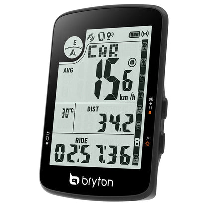 Compteur GPS BRYTON RIDER 17E — vue de trois quarts, vitesse et données