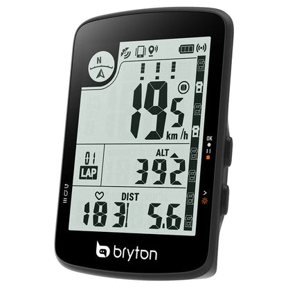 Compteur GPS BRYTON RIDER 17E — vue de trois quarts, données de parcours