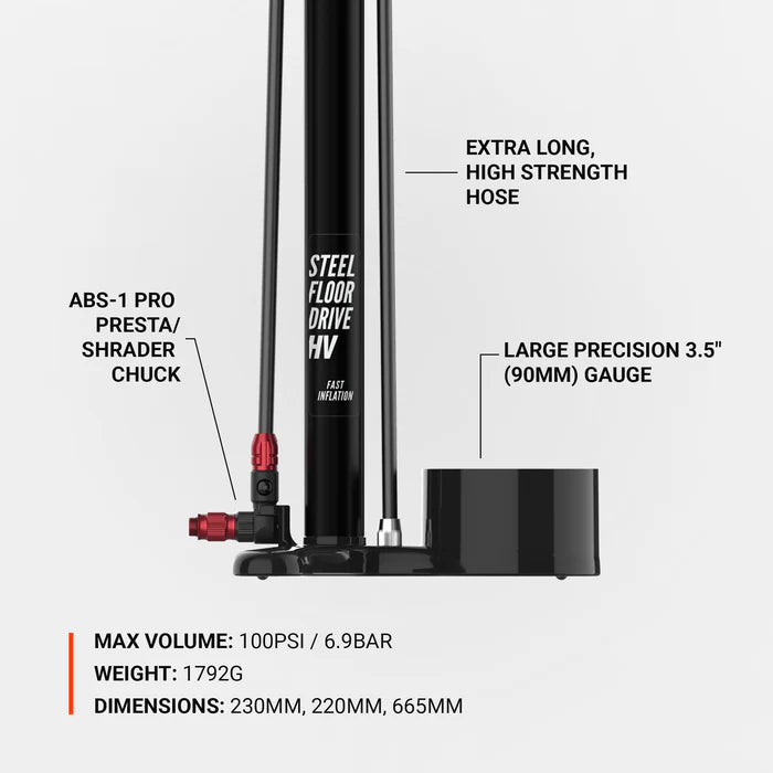 Pompe à Pied LEZYNE STEEL FLOOR DRIVE 3.5 HV Gris