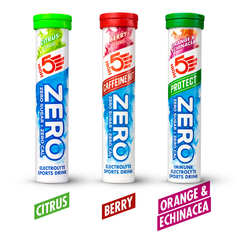 Pack Boisson Anticrampe HIGH5 ZERO VARIETY PACK (3x Tube de 20 Pastilles) Fruits Rouge Cafeine/Citron/Orange