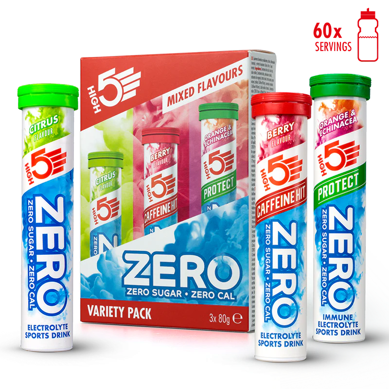 Pack Boisson Anticrampe HIGH5 ZERO VARIETY PACK (3x Tube de 20 Pastilles) Fruits Rouge Cafeine/Citron/Orange