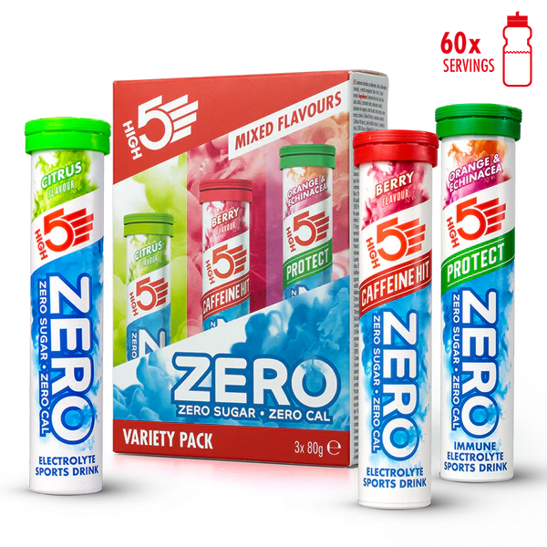 Pack Boisson Anticrampe HIGH5 ZERO VARIETY PACK (3x Tube de 20 Pastilles) Fruits Rouge Cafeine/Citron/Orange