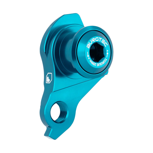Patte de Dérailleur BURGTEC UDH Turquoise — vue produit sur fond blanc