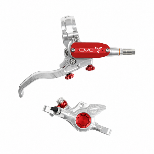Frein HOPE TECH 4 EVO X2 PM Argent/Rouge — levier et étrier sur fond blanc